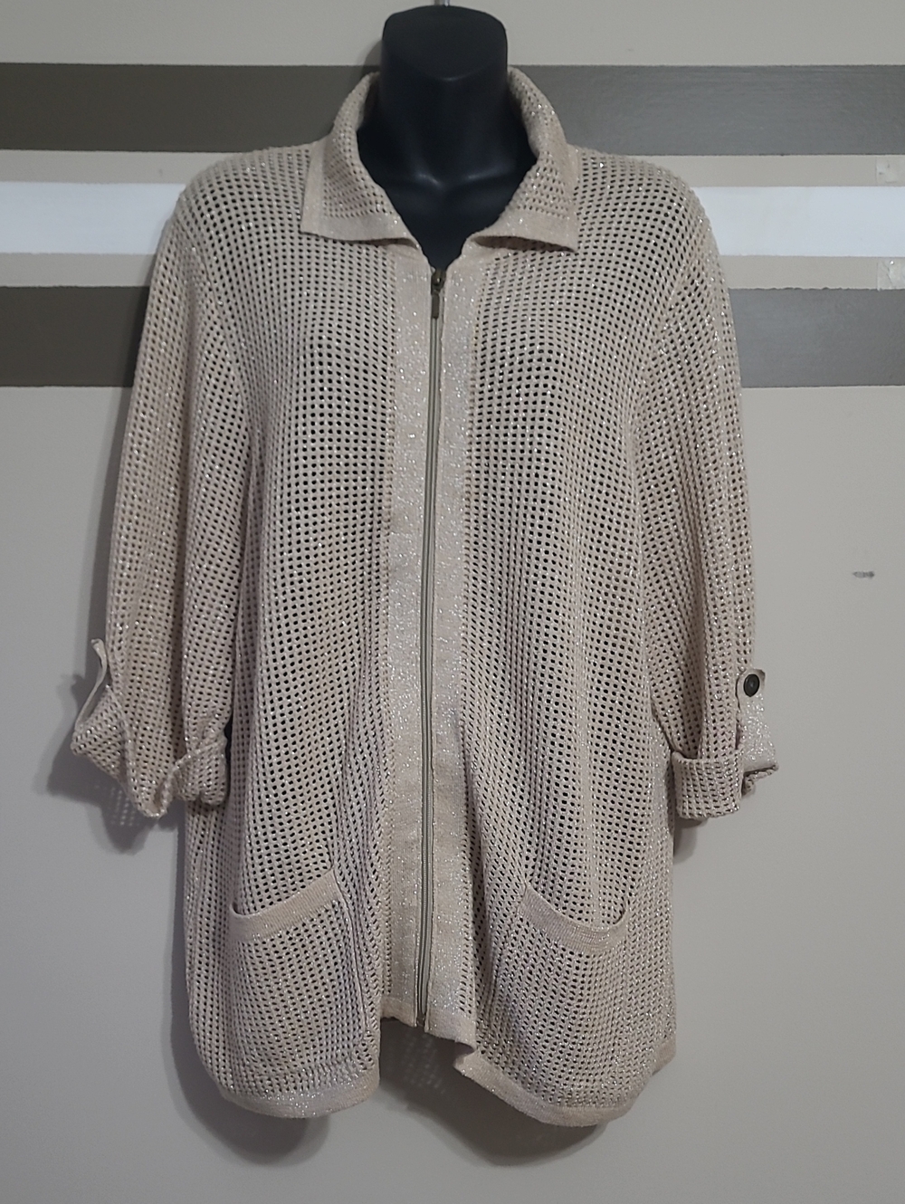⭐️TanJay Beige Sparkly Open-Weave Zip Front Cardigan Sz 1X
